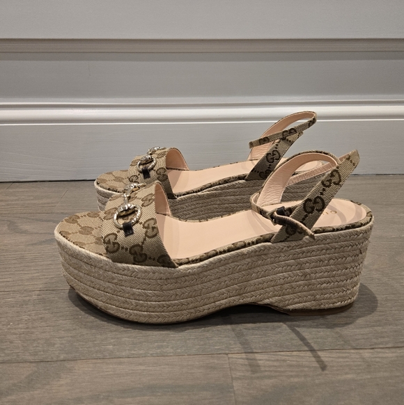 $990 Gucci Lady GG Canvas Beige Horsebit Platform Sandals EU 40.5 US 10.5 BNIB - Picture 6 of 7